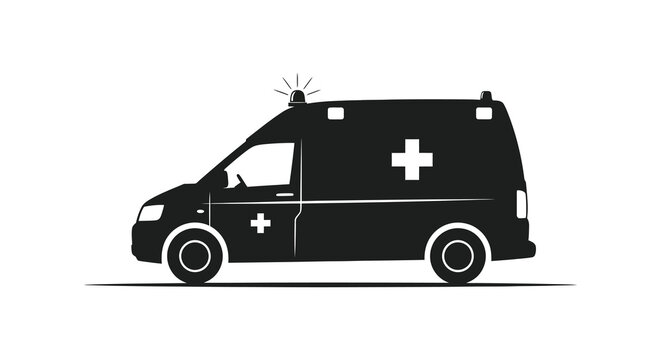 A black silhouette of an ambulance with a medical cross is prominently displayed against a white background silhouette