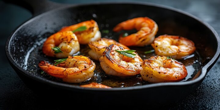 Succulent grilled shrimp garnished with herbs, served in a black skillet, showcasing a delicious seafood dish with a smoky, golden-brown finish.