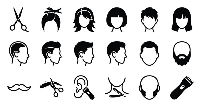 Collection of black glyph icons representing various popular hairstyles, contemporary haircuts, beard styles, and essential barber tools, perfect for modern salons and diverse beauty
