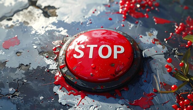 Close-up of a Red Stop Button with Red Berries and Textured Surface.