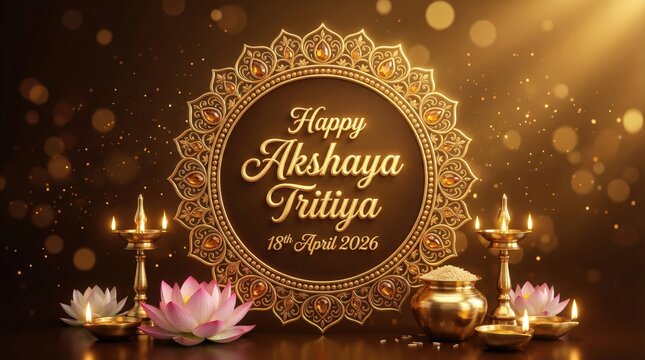 Akshaya Tritiya celebration with a golden ornate frame, lotus flowers, diyas, rice pot, and the date 18th April 2026