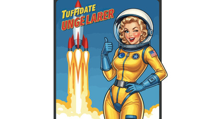 Retro Astronaut Woman Thumbs Up Next to Launching Rocket, Space Exploration © Aziz