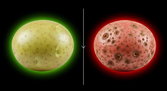 Healthy green potato glowing contrasted with a diseased potato infected with scab with red glow