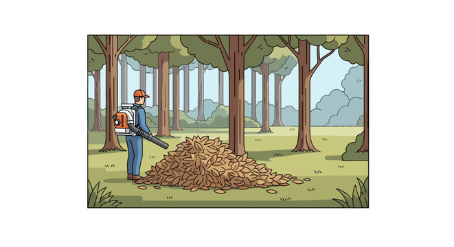 Worker clearing autumn leaves in lush forest with leaf blower