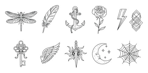 Fototapeta premium A collection of mystical hand drawn nature and celestial symbols including a dragonfly, feather, anchor, rose, lightning bolt, key, wing, sun dagger, crescent moon, spiderweb, and geometric