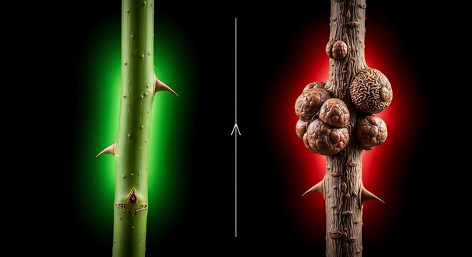 Rose stem healthy with thorns on left, diseased with galls on right, black background