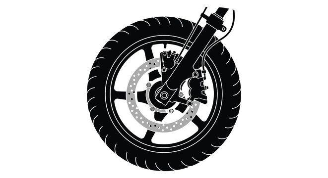A detailed illustration showcasing a motorcycle front wheel and braking system in stark contrast silhouette high quality professional