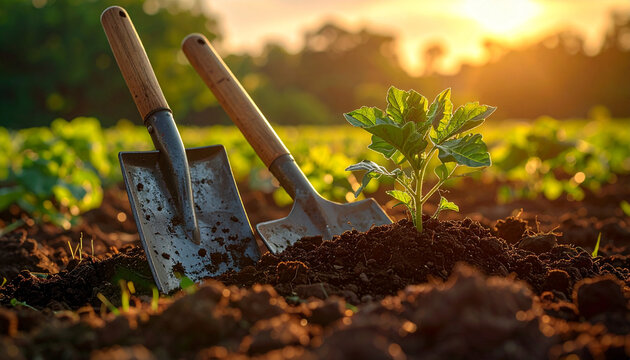 Gardening tools and seedling in fertile soil under warm sunlight
