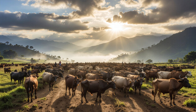 Herd of cattle grazing in a sunlit valley with mountains and cloudy sky