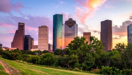 Fototapeta premium Urban luminescence amidst verdant tranquility