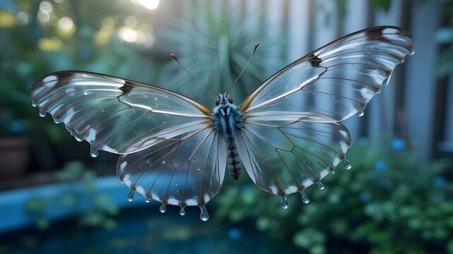 Ethereal glass butterfly with transparent wings in a lush garden, delicate crystal insect hovering over a pond, magical nature concept with soft bokeh and morning sunlight