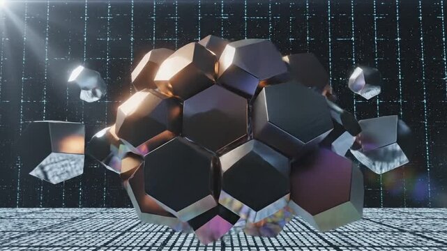 Abstract metallic polyhedral shapes drifting in a futuristic grid chamber