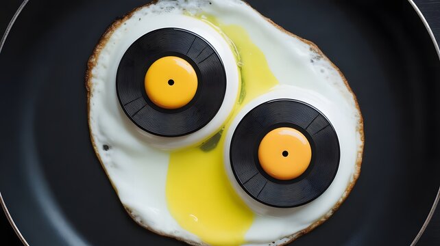 Surreal fried eggs with vinyl record yolks in frying pan, creative music breakfast concept, artistic food photography with retro vinyl discs, conceptual morning meal for djs and audiophiles