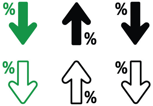 Percentage arrow up and down icon collection, growth decrease percentage indicators set, success failure business chart symbols, investment analytics movement trend visualization vector