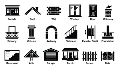 Obraz premium This comprehensive collection of architectural elements and house parts icons is ideal for construction project plans, building design diagrams, and real estate property listings.