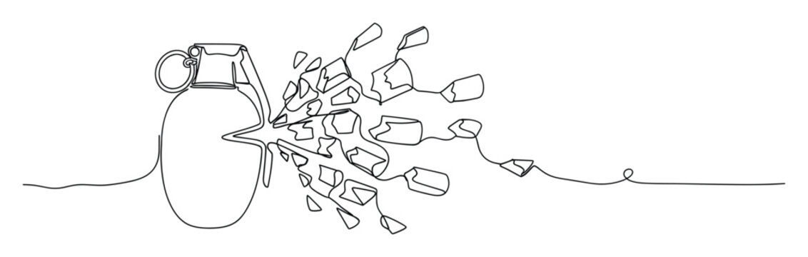 Continuous line drawing depicting a hand grenade exploding into fragments, symbolizing conflict, violence, or breaking apart, suitable for editorial content, news graphics, or conceptual