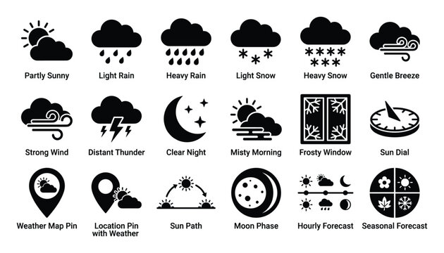 Comprehensive weather and meteorological forecast icon set depicting various atmospheric conditions and celestial events for mobile applications and information displays