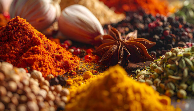 Close up of assorted spices and herbs culinary ingredients on dark surface