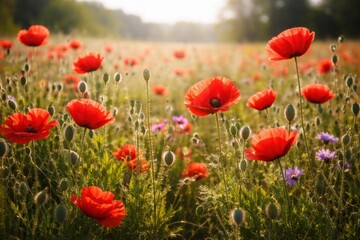 Fototapeta premium Red poppy flowers blooming in sunny field nature spring landscape with soft light and fresh air