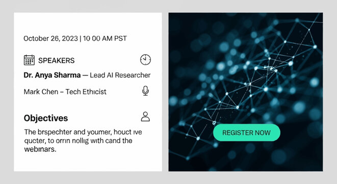 Webinar on AI and Technology featuring Dr. Anya Sharma and Mark Chen, scheduled for October 26, 2023.