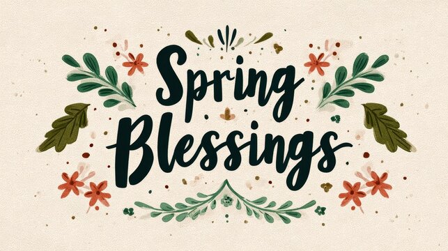 Spring blessings lettering with floral elements on light background decorative seasonal greeting design