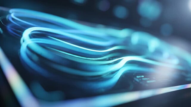 Close up video of a futuristic digital interface with glowing blue neon lines and abstract data elements on a dark reflective surface.