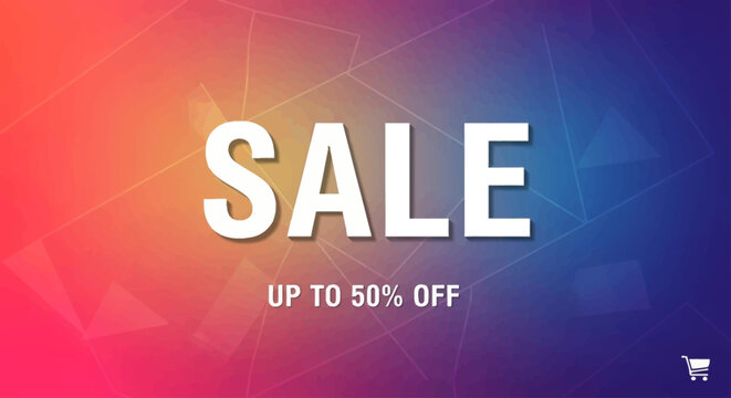 Vibrant gradient background with large white 'SALE' text and 'UP TO 50% OFF' promotion, featuring a shopping cart icon.