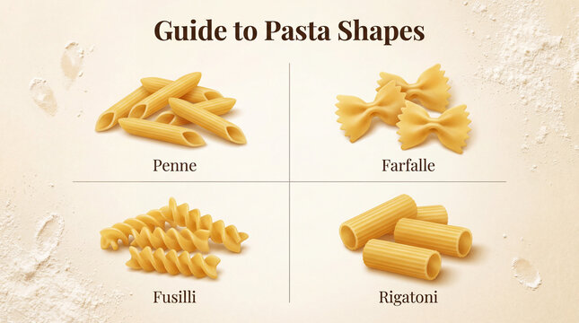 Pasta shapes guide for cooking basics. Pasta infographic compares penne, farfalle, fusilli, rigatoni for menu education, Italian cuisine content, kitchen learning, food reference design