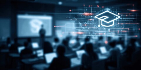 Obraz premium Every student in the classroom completes the course module after the teacher delivers a tutorial to prepare them for their graduation.