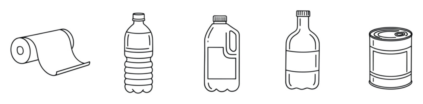 Collection of black outline line drawings showing a roll of paper, a plastic water bottle, a large jug, a glass bottle, and a metal food can for depicting common consumer goods and