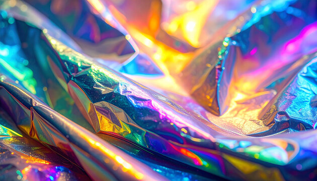 Abstract iridescent foil texture with light reflections for backgrounds
