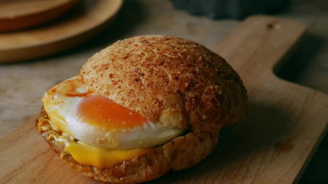 Rustic sourdough bread roll sandwich with sunny side up fried egg and melted cheese on wooden cutting board, homemade breakfast brunch