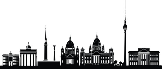Berlin skyline silhouette featuring Brandenburg Gate, Fernsehturm TV Tower, Reichstag, Berlin Cathedral, and Victory Column on white background for urban design. © Aroshi Jannat 