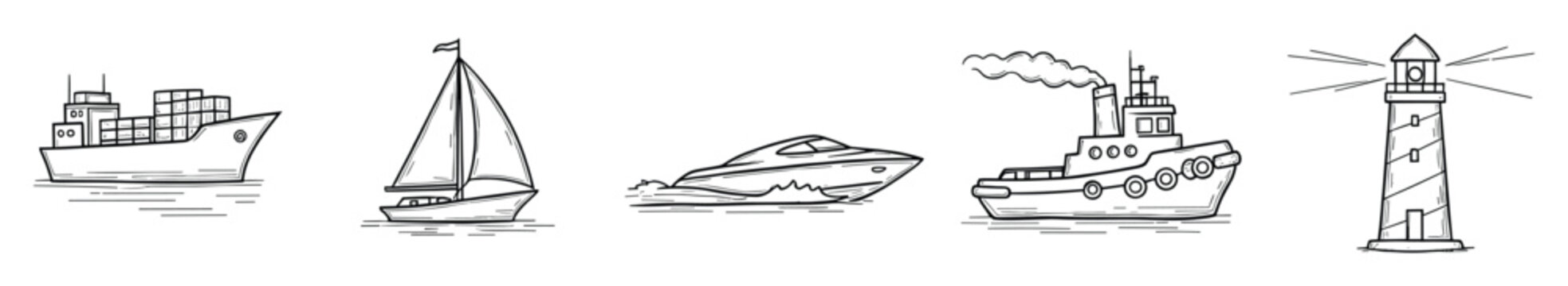 A comprehensive collection of watercraft including a large cargo vessel, a classic sailboat, a sleek speed boat, a sturdy tugboat, and an illuminating lighthouse, ideal for showcasing