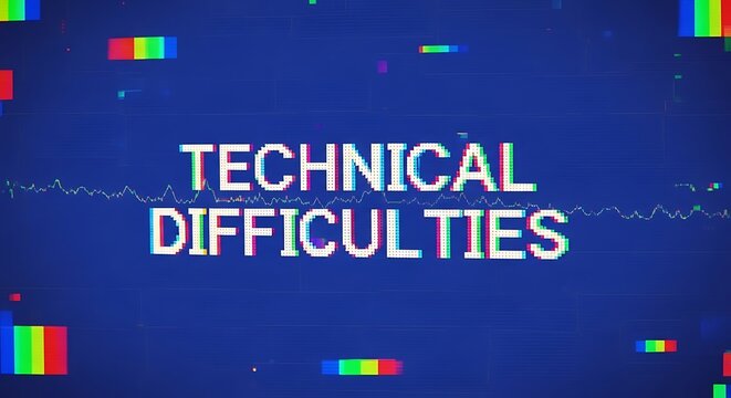 Abstract glitch effect with text technical difficulties, digital error background.