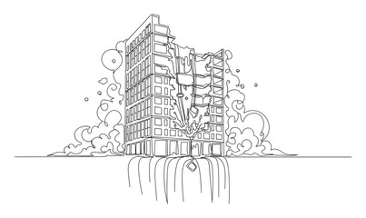 Fototapeta premium Continuous line drawing of a collapsing building transforming into a powerful waterfall, symbolizing crisis, destruction, or transformation for use in architectural, environmental, or