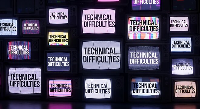 Multiple screens display technical difficulties message with varied lighting and textures.