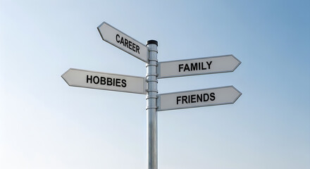 Fototapeta premium Signpost directing towards different aspects of life and personal interests. jpg background
