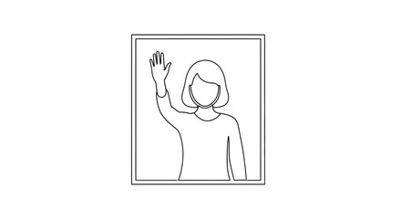 Fototapeta premium Woman waving hello, simple line art illustration in a square frame, friendly greeting gesture