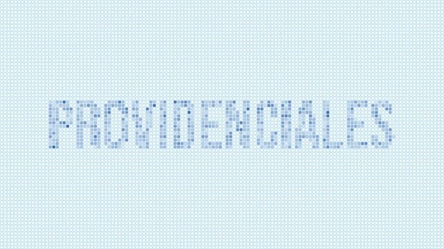 Providenciales dotted map animation. Digital style shape of the island. Providenciales shape and title blue dots appear with flickering effect. Turks and Caicos.