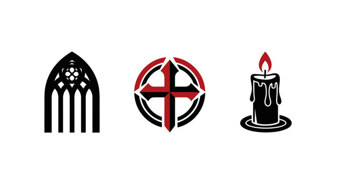 Christian Symbols: Gothic Window, Celtic Cross, Burning Candle on White Background