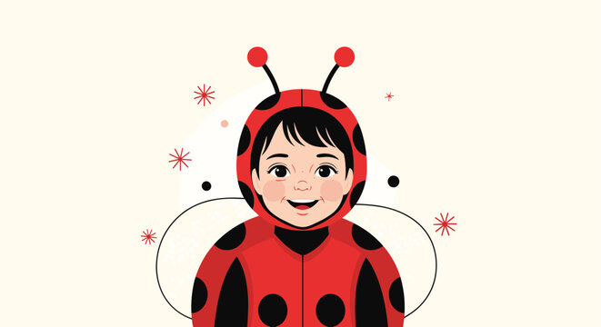 Cute child wearing red and black ladybug onesie costume with antenna hood and spotted wings on light background.