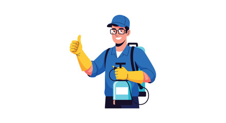 Fototapeta premium Friendly pest control professional in a blue uniform and glasses gives a thumbs up while carrying a chemical spray tank on his back for work.