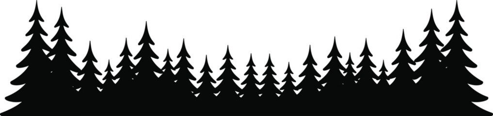 Obraz premium Forest silhouette illustration, dense pine trees of varying heights layered together, nature landscape theme, vector art, black isolated bold design