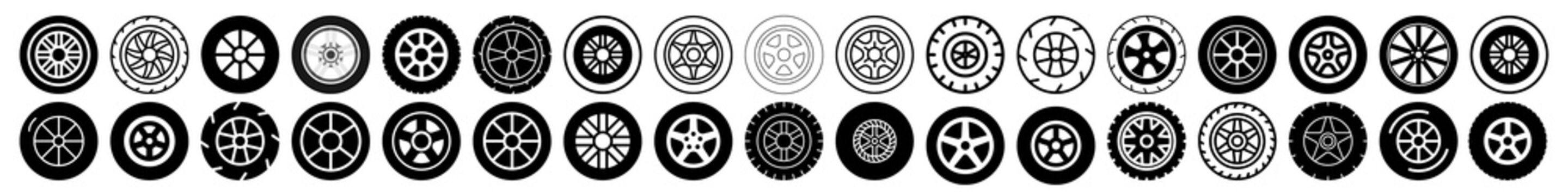 Set of car tire and wheel rim icons, automotive rubber wheels collection with different tread patterns, black and white vector illustrations on transparent background