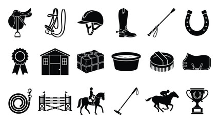Obraz premium Comprehensive collection of equestrian sport equipment and horse care items in black silhouette icons, perfect for educational materials, website graphics, or veterinary content