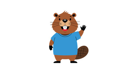 Naklejka premium Friendly brown beaver wearing a blue t-shirt stands and waves its hand with a cheerful smile on its face for a cute animal character design.