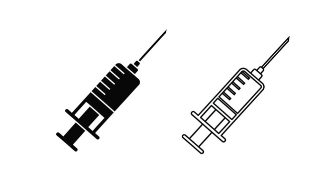 Two black and white illustrations of medical syringes angled for clarity