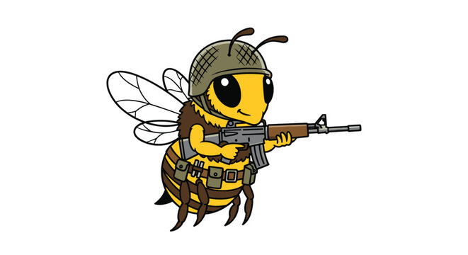 Brave bee soldier wearing army helmet and military gear holds rifle while flying and protecting its hive on white background.
