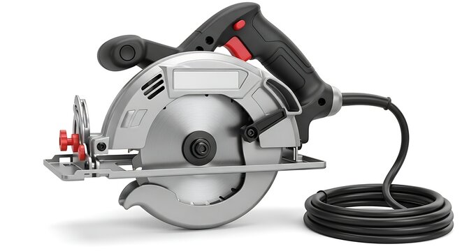A circular power saw with a black cord and red accents sits on a white surface.
